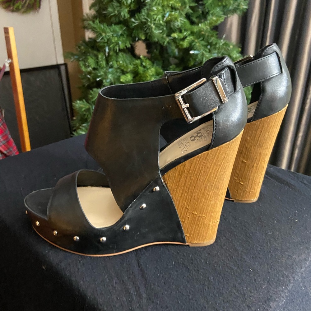 Vince Camuto size 10 Blk wedge heel with front studs/ Blk leather/wood heel look